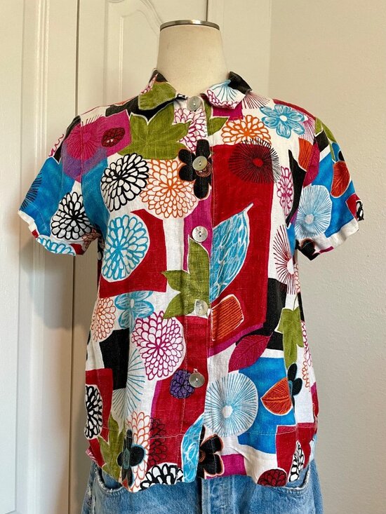 Hot Cotton Tops - Vintage Hot Cotton Marc Ware 100% Linen Abstract Button-Down Beach Shirt Small